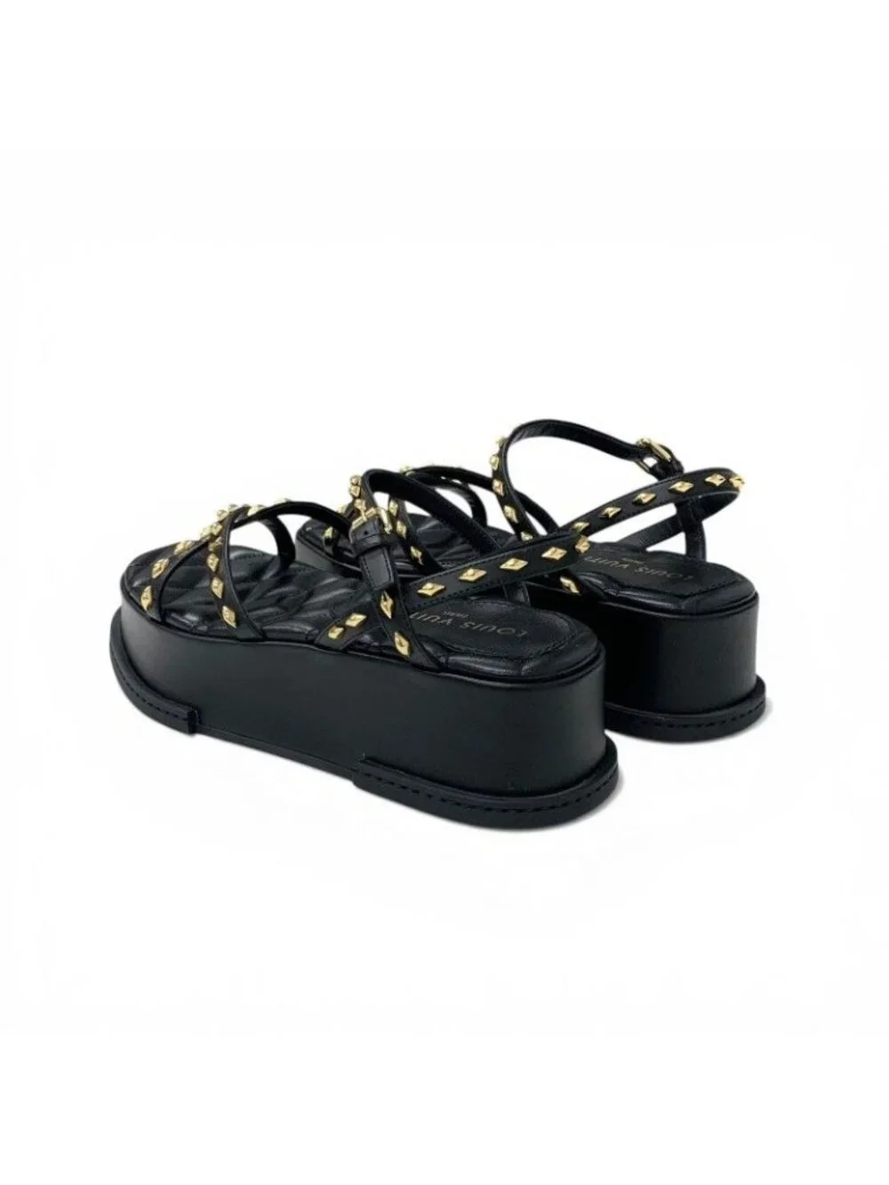 Louis Vuitton Maya Line Sandals Shoes Leather Black Gold LV Logo Studs Strap